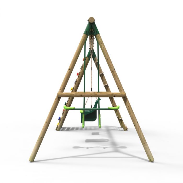 Rebo Wooden Swing Set with Up and Over Climbing Wall - Sienna Green